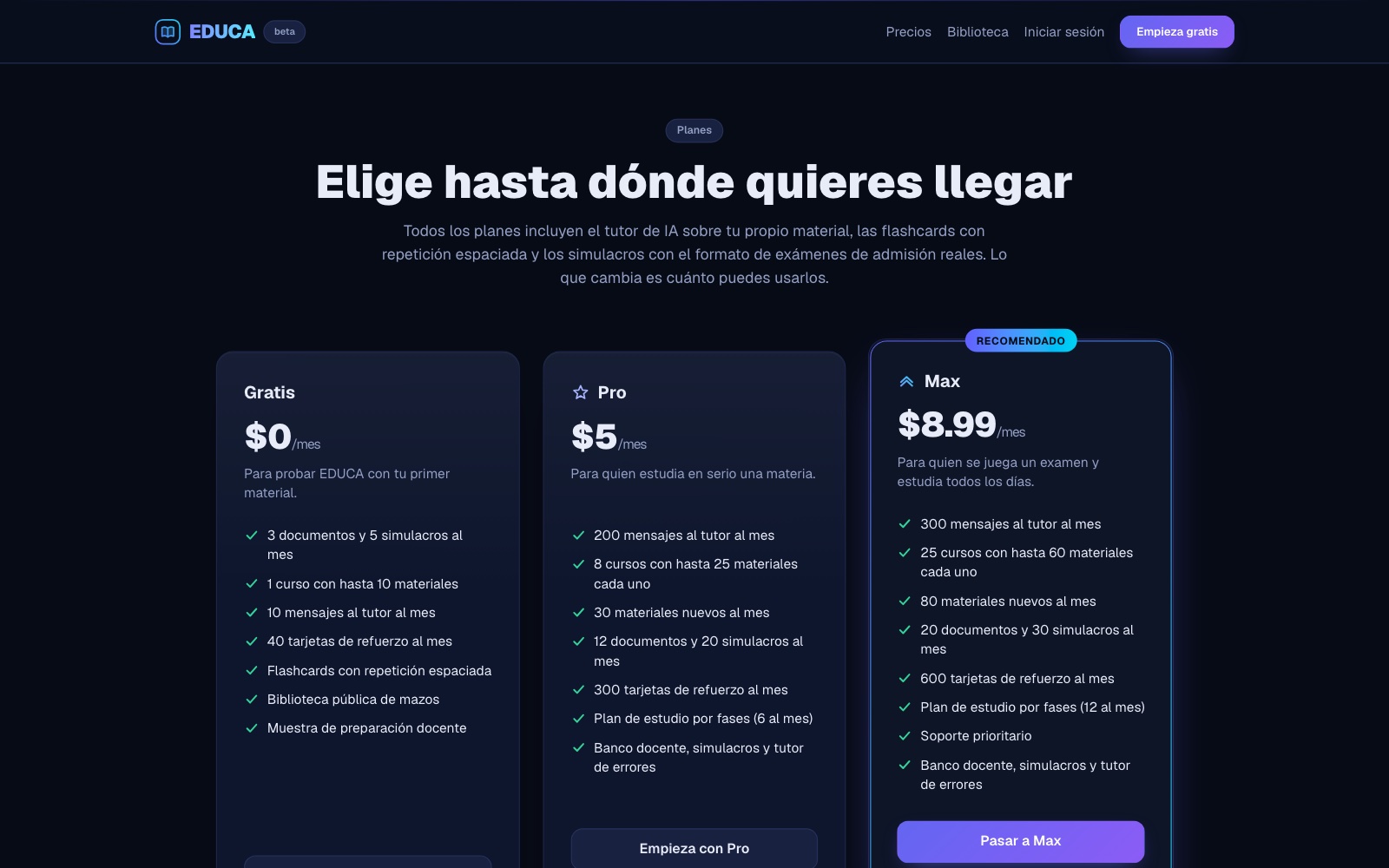 Piani Gratis, Pro e Max