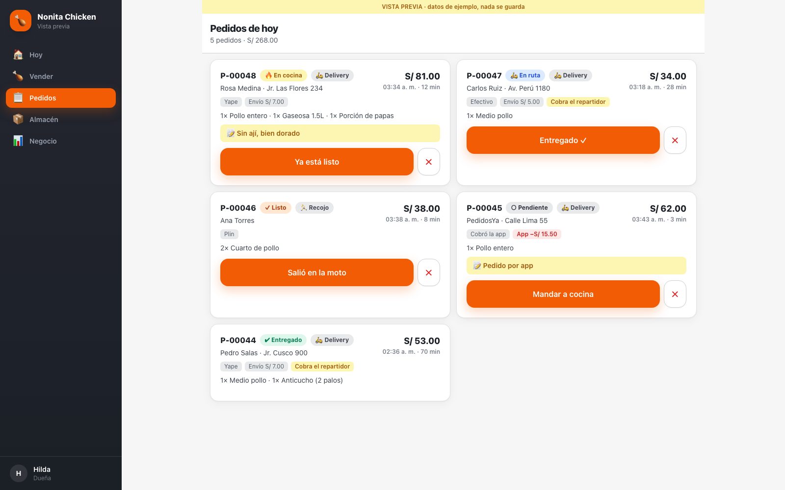 Pedidos em tempo real