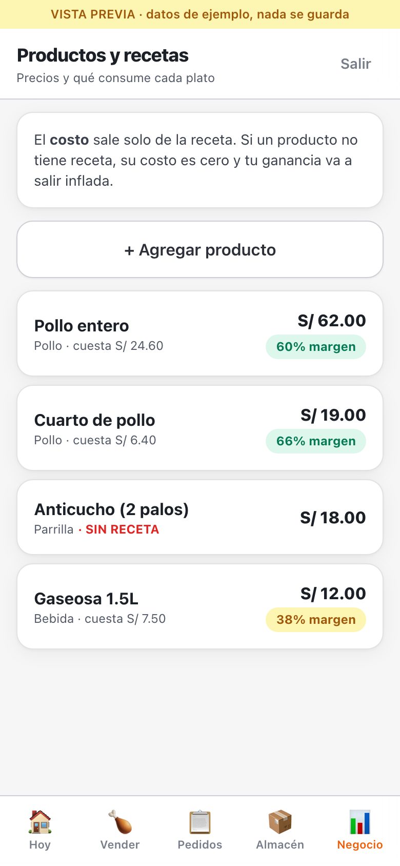 Products with their recipe and margin