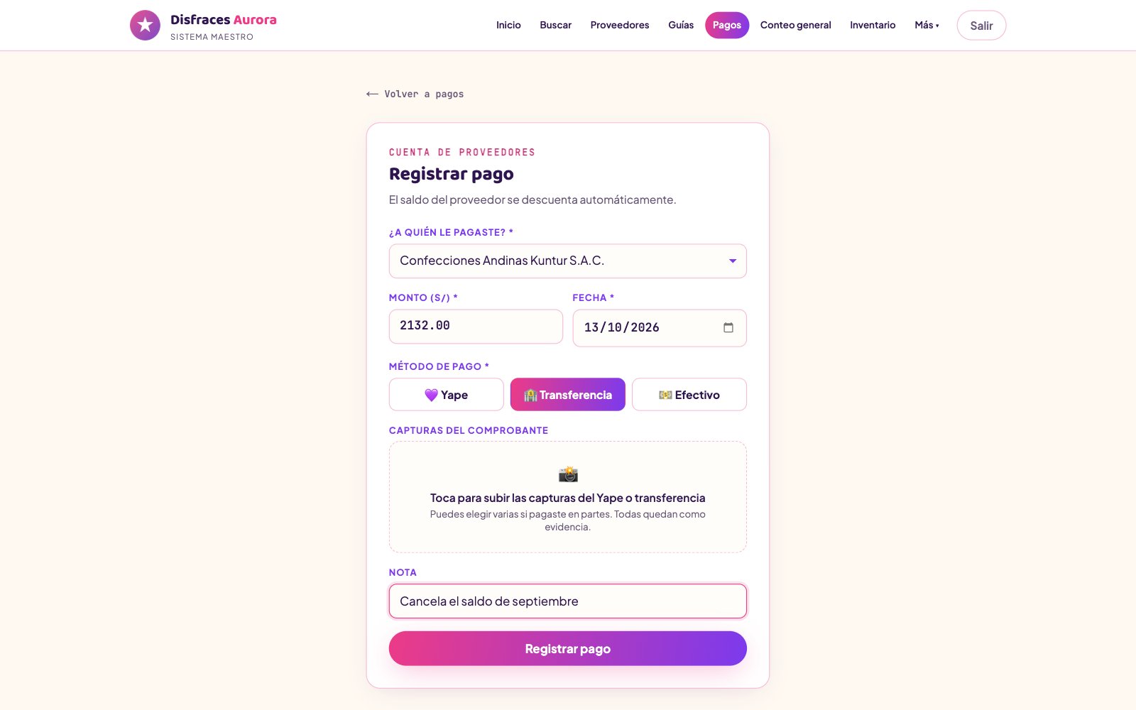 Registrazione di un pagamento con metodo e schermata della ricevuta